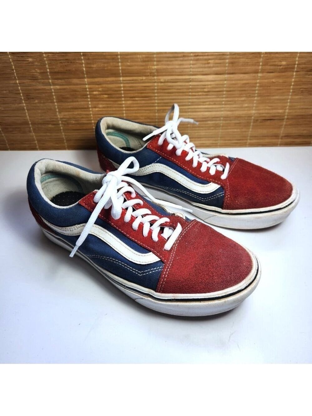 Vans Old Skool Red Navy Blue Suede Canvas Sneakers Mens 7 Womens 8.5